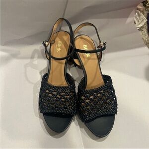 Rouje size 41 dark navy blue woven heeled sandals with ankle closure
